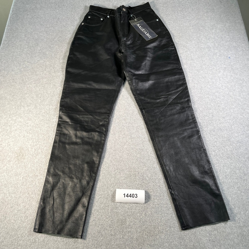 NWT Saguaro Pants Womens 8 Black Genuine Leather Flat Front Straight Leg Biker